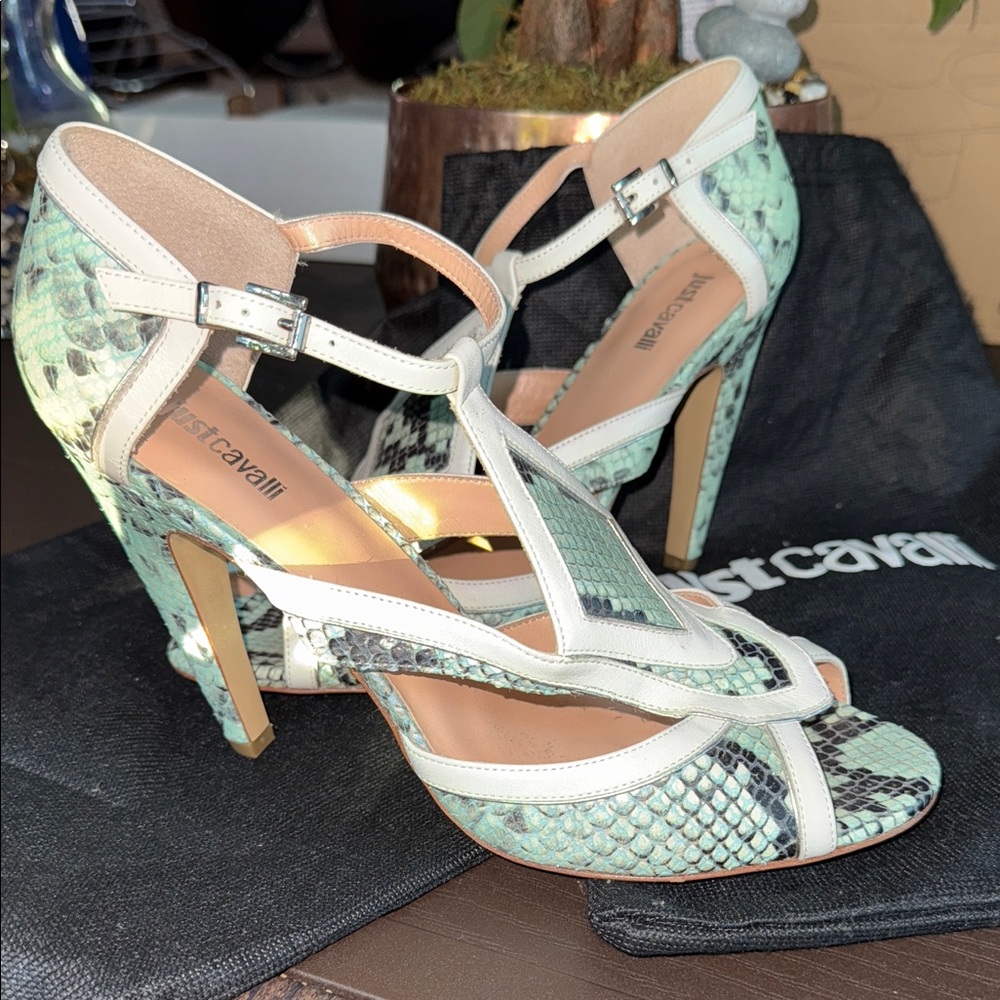 Just Cavalli Mint Snake Print Heels